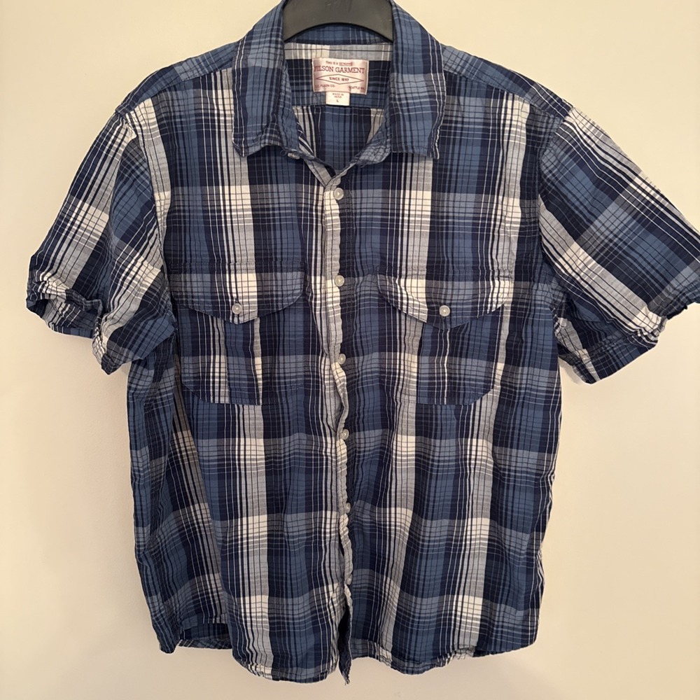 Filson Rustic Short Sleeve Button Down Shirt Blue & White Plaid Size L